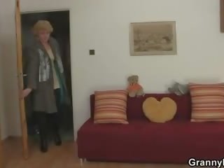 Blonde granny jumps on his manhood